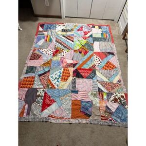 Vtg 70's Handmade Polyester Crazy Multi Color Patchwork Quilt Double Knit 66x86"